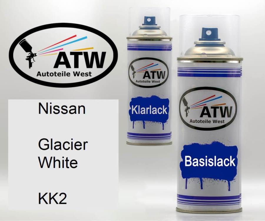 Nissan, Glacier White, KK2: 400ml Sprühdose + 400ml Klarlack - Set, von ATW Autoteile West.